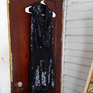 Parker Black Cowl Neck Sequin Cocktail Mini Dress Sz Small